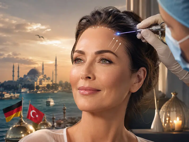 Stirnlifting Türkei: endoskopisches Stirnlifting mit kleinen Zugängen im Haaransatz bei einer Patientin in Istanbul
