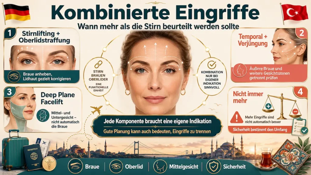 Endoskopisches Stirnlifting Türkei: Infografik zu Stirnlifting mit Oberlidstraffung, Temporal-Lift und Deep Plane Facelift