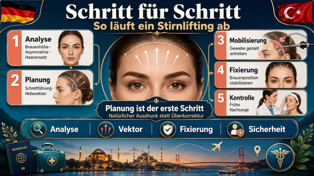Stirnlifting Türkei: Infografik zum Operationsablauf mit Analyse, Planung, Mobilisierung, Fixierung und Kontrolle