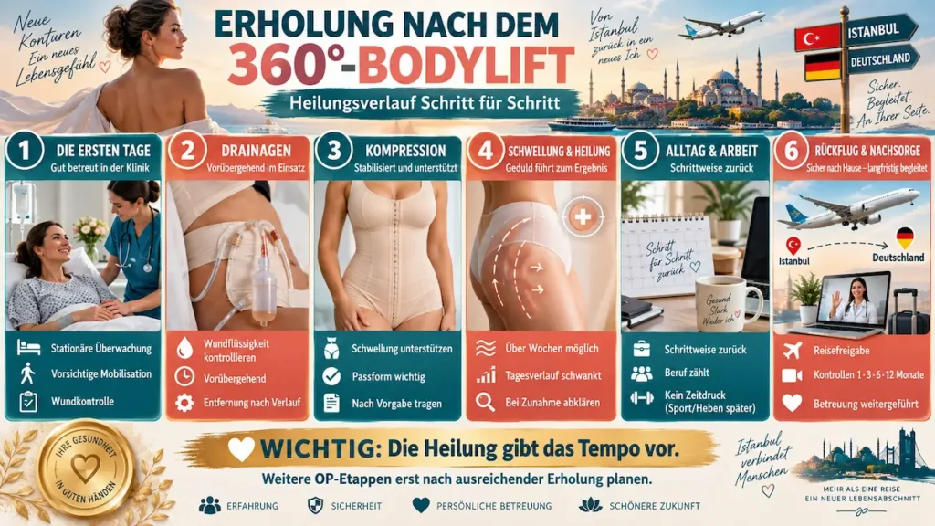 Erholung und Heilungsverlauf nach dem Bodylift: Infografik zu Klinik, Drainagen, Kompression, Schwellung, Alltag, Rückflug und Nachsorge.