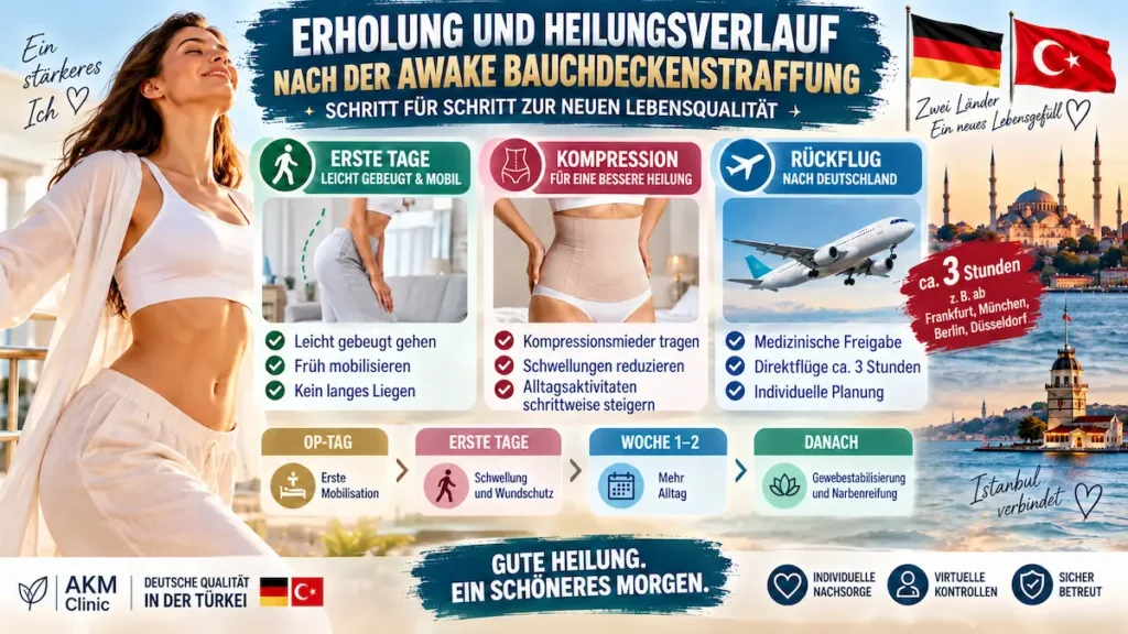 Bauchdeckenstraffung ohne Vollnarkose – Infografik zu Heilungsverlauf, Kompressionsmieder, Mobilisation und Rückflug nach Deutschland
