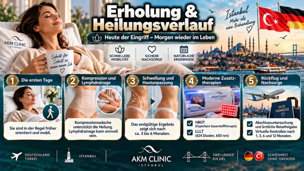 Fettabsaugung ohne Vollnarkose: Erholung mit Kompression, Lymphdrainage, Hautanpassung und strukturierter Nachsorge.