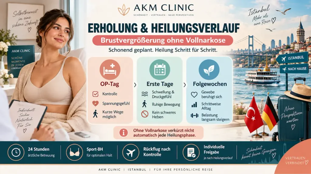 Erholung nach Brustvergrößerung ohne Vollnarkose: Heilungsverlauf von OP-Tag bis Rückflug nach Deutschland.
