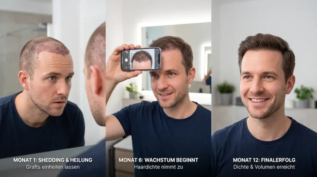 Haartransplantation Wachstum Zeitplan mit sichtbarer Entwicklung von Heilung und Shedding bis zu mehr Haardichte nach 12 Monaten