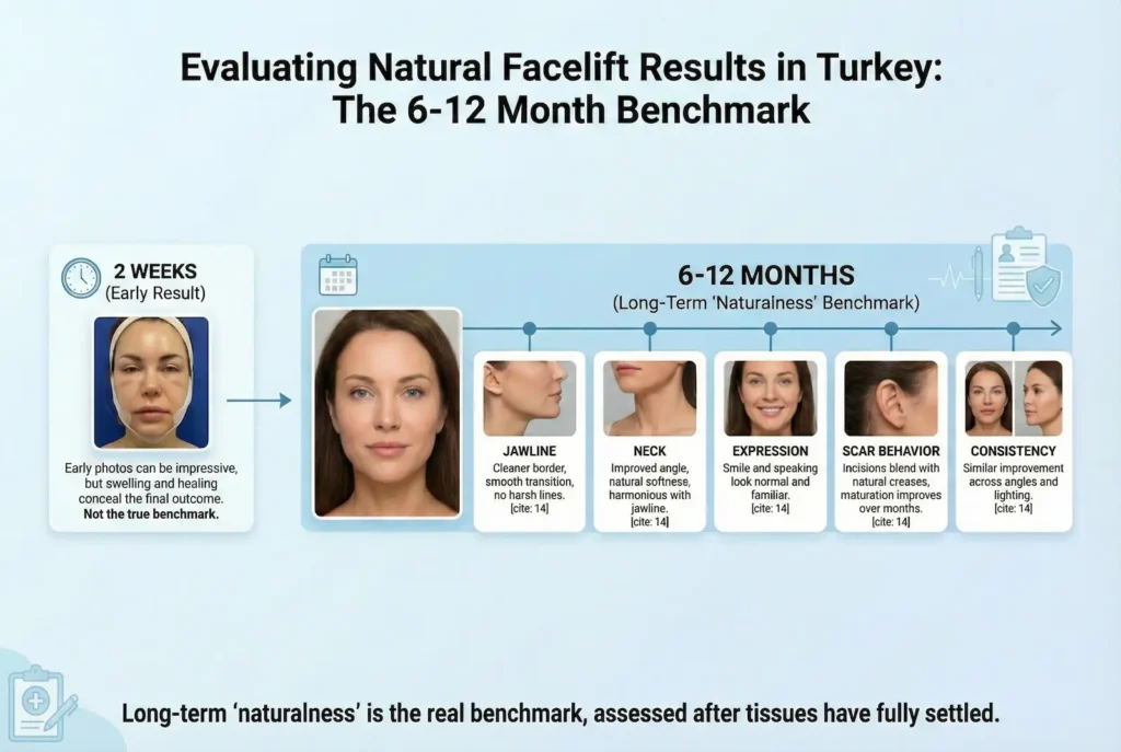 Infographic showing how to evaluate natural facelift results in Turkey using the 6–12 month benchmark, focusing on jawline, neck, expression, scar behavior, and consistency.