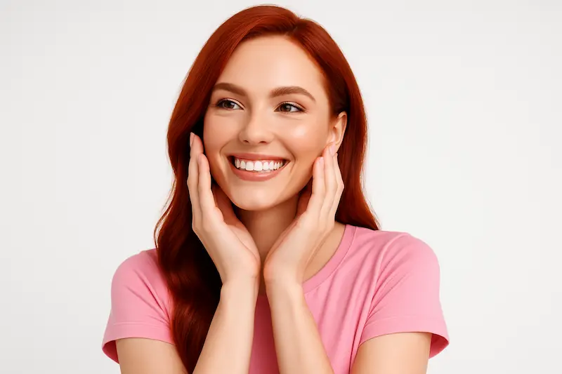 Smiling woman gently holding her cheeks, showing lifted midface and defined jawline after extended deep plane facelift.