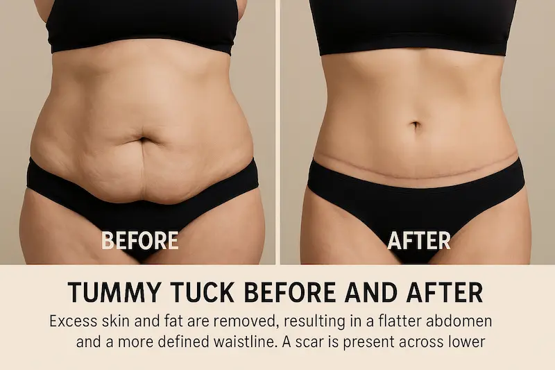 Extended tummy tuck before and after showing a plus-size woman’s abdomen, with excess lower belly skin removed and a long, low horizontal scar visible