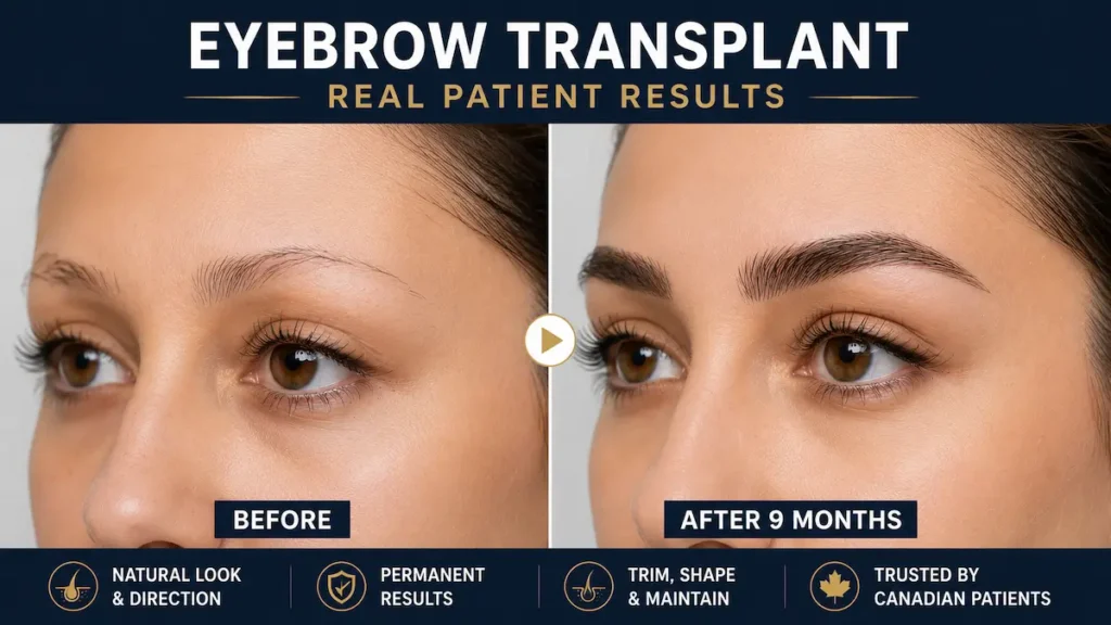 Eyebrow transplant before and after image showing natural brow density and direction after 9 months