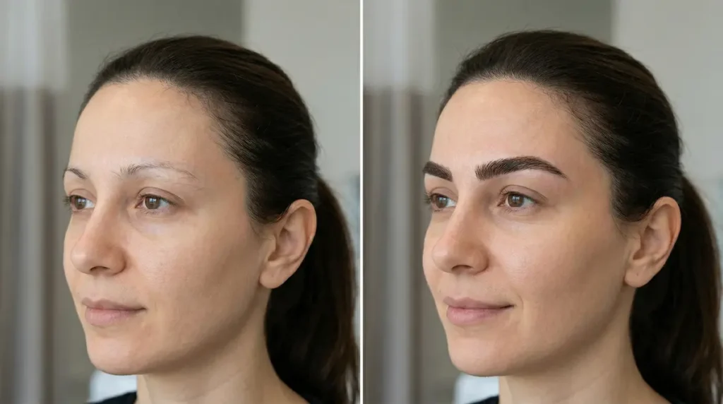 Eyebrow Transplant before and after photo showing fuller, natural-looking brow density and improved shape in side profile view