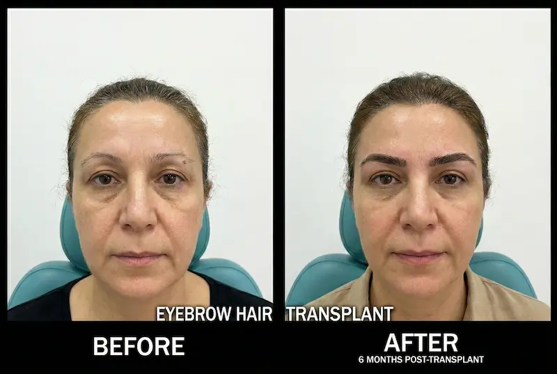 Eyebrow Transplant before and after photo showing fuller brows and improved symmetry at 6 months post-transplant.