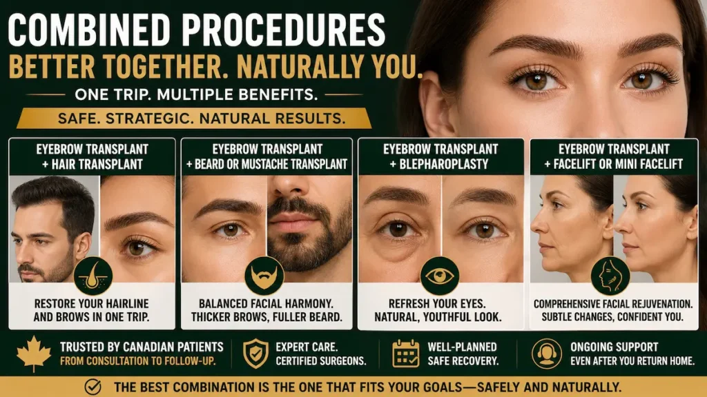 Eyebrow transplant combined procedures showing hair transplant, beard transplant, blepharoplasty, facelift and mini facelift options