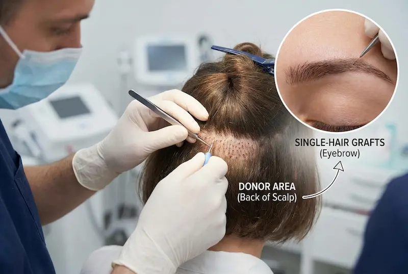 Eyebrow Transplant donor area on back of scalp showing FUE extraction for single-hair grafts.