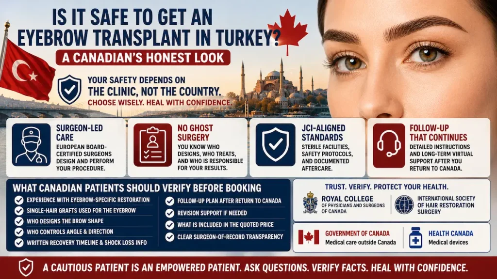 Eyebrow transplant in Turkey safety infographic for Canadians showing surgeon-led care, no ghost surgery and follow-up