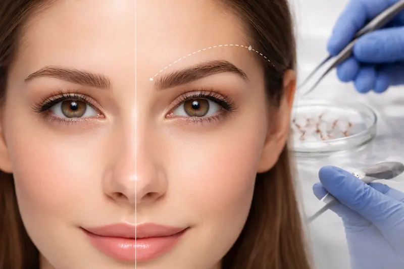Eyebrow Transplant before-and-after brows with mapping line and precision graft placement tools