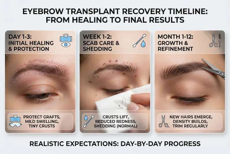 Eyebrow Transplant recovery time infographic showing day 1–3 healing, week 1–2 scab care, and months 1–12 growth.