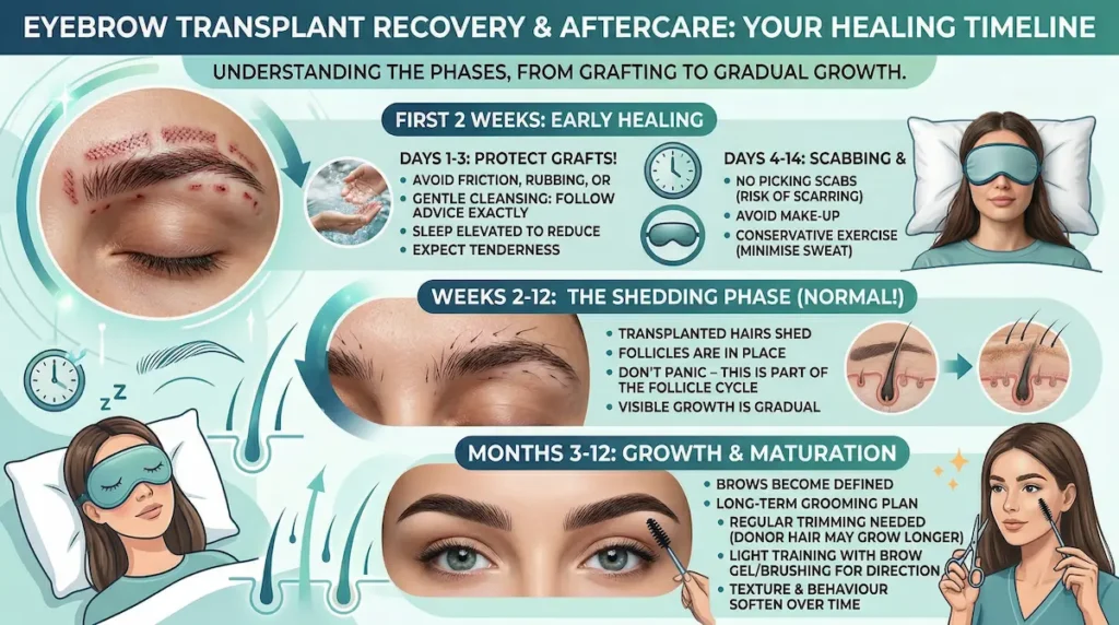 Eyebrow Transplant recovery timeline infographic showing first 2 weeks healing, weeks 2–12 shedding phase and months 3–12 growth aftercare