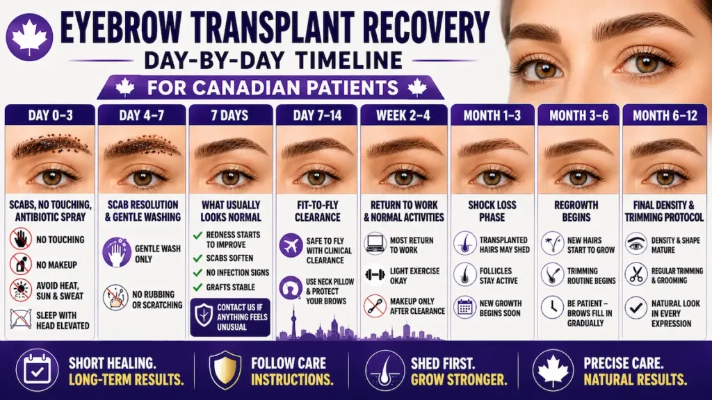 Eyebrow transplant recovery timeline showing scabs, gentle washing, shock loss, regrowth and final brow density