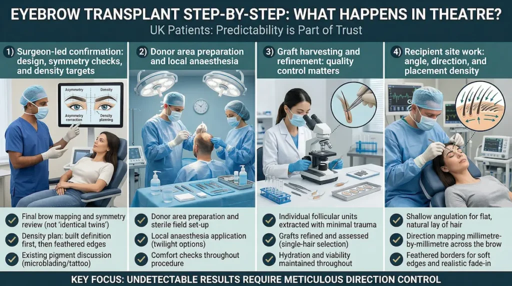 Eyebrow Transplant step-by-step infographic showing theatre stages: design confirmation, donor prep, graft refinement and precise recipient placement
