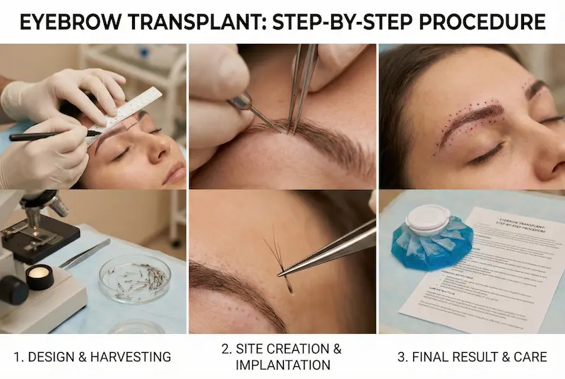 Eyebrow Transplant step-by-step image showing brow design, site creation, graft implantation, and aftercare.