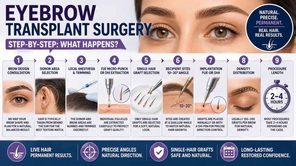 Eyebrow transplant surgery step-by-step infographic showing brow design, donor selection, FUE or DHI extraction and graft placement