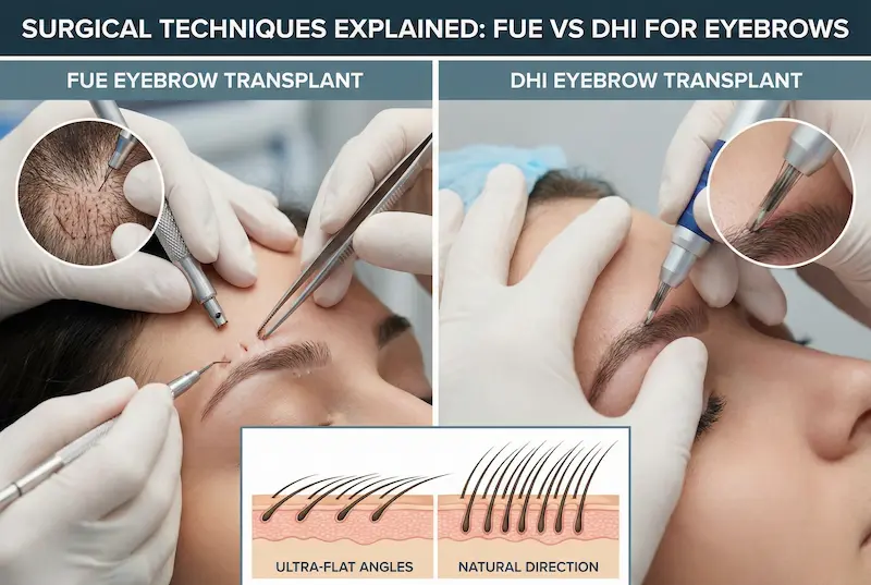 Eyebrow Transplant surgical techniques comparing FUE vs DHI with ultra-flat angles and natural hair direction.