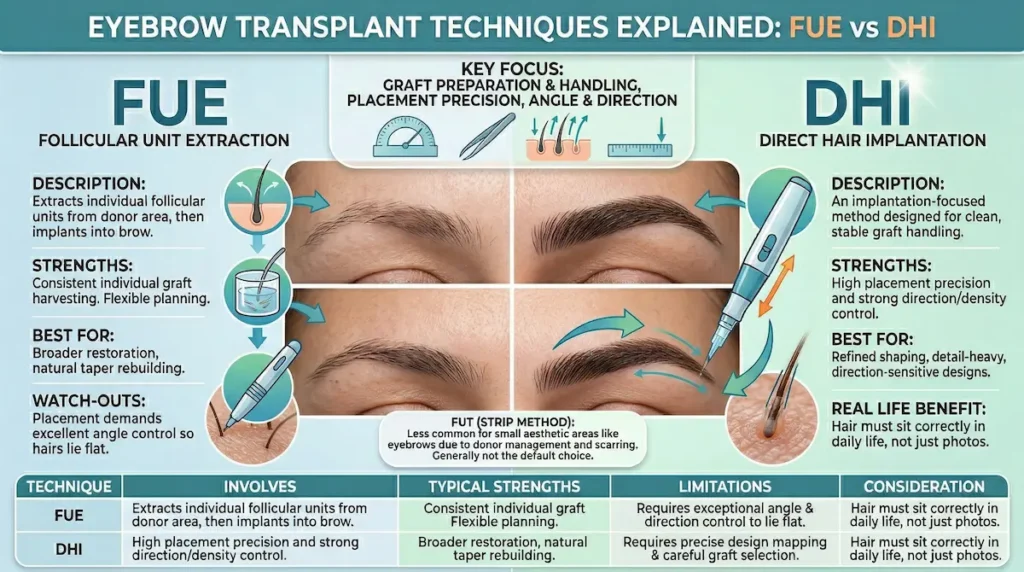 Eyebrow Transplant techniques infographic comparing FUE vs DHI, showing graft handling, placement precision, angle control and direction mapping