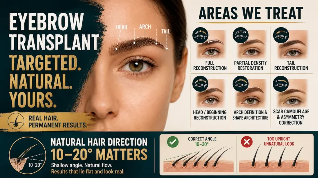 Eyebrow transplant treatment areas showing full reconstruction, tail restoration, scar camouflage and 10-20 degree hair angle