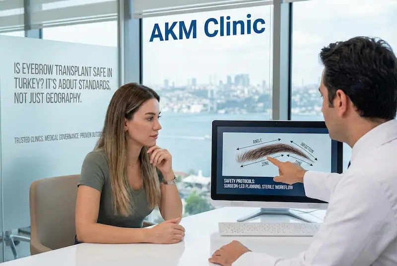 Eyebrow Transplant in Turkey consultation showing surgeon-led planning, angle mapping, and safety protocols.