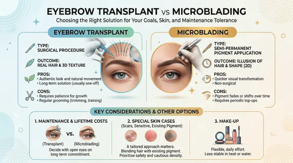 Eyebrow Transplant vs microblading infographic comparing real hair restoration with pigment, including pros, cons, maintenance and long-term costs