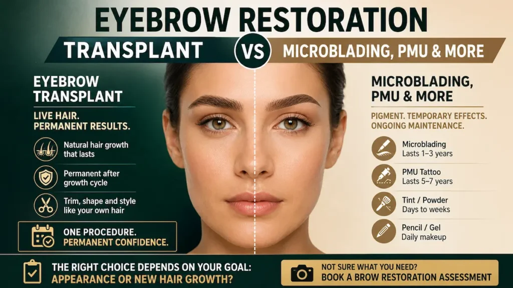 Eyebrow transplant vs microblading comparison showing live hair growth, PMU, tint, pencil and permanent brow restoration