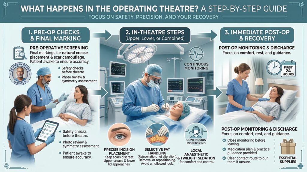 Blepharoplasty (Eyelid Surgery) step-by-step infographic showing pre-op checks, in-theatre steps, and post-op recovery.