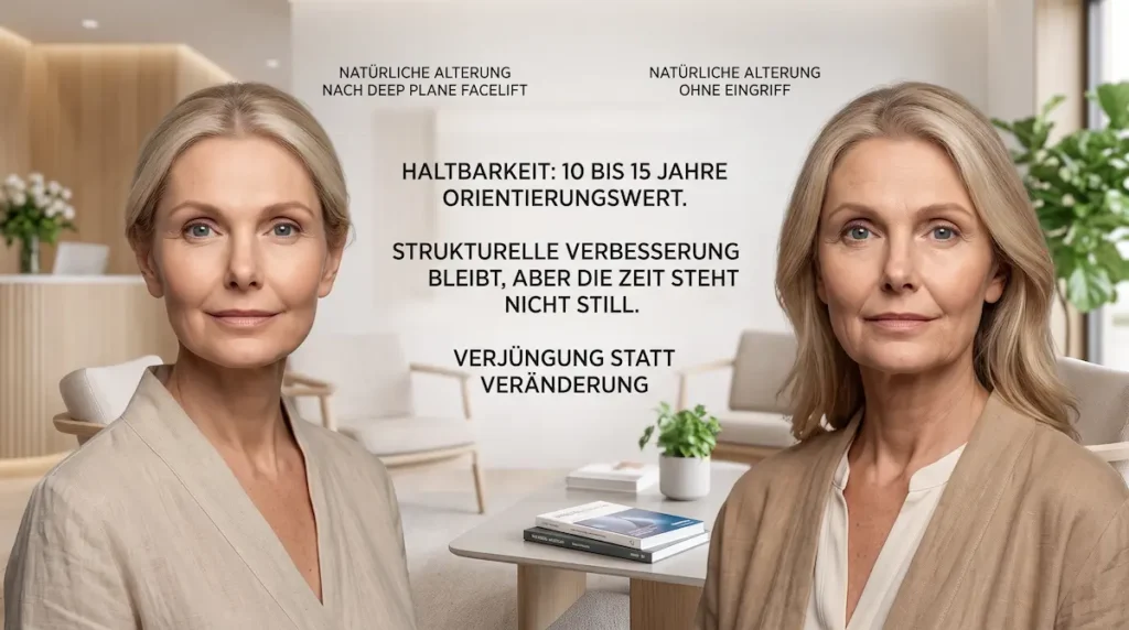 Deep Plane Facelift Haltbarkeit: Vergleich natürlicher Alterung nach dem Eingriff und ohne Operation über 10 bis 15 Jahre.