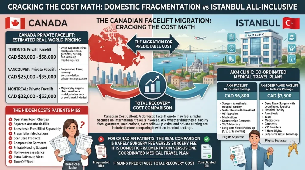 Cost comparison infographic for Canadians getting facelifts in Turkey, showing Canada private prices versus Istanbul packages.