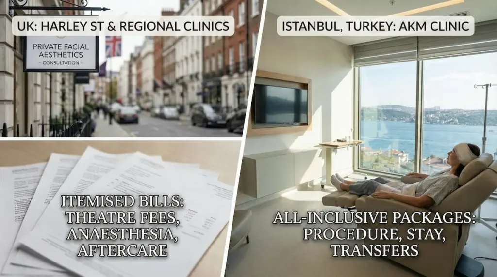 Awake Facelift Cost comparison showing UK Harley Street and regional clinic itemised bills versus Istanbul all-inclusive package elements (procedure, stay, transfers).