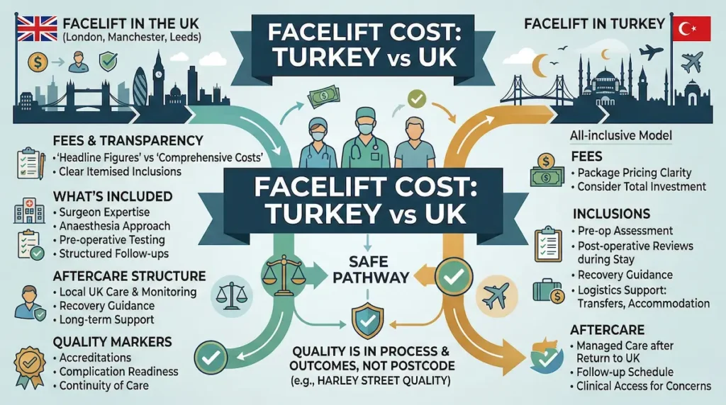 Facelift cost Turkey vs UK infographic comparing fees, inclusions, aftercare structure, quality markers and safe pathway for UK patients.