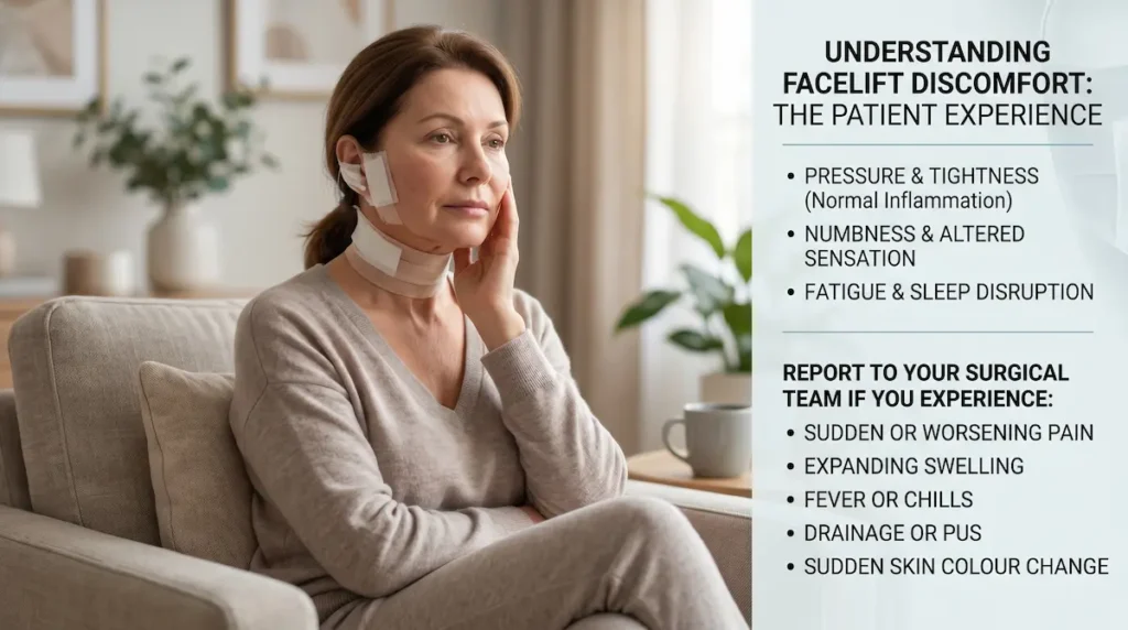 Canadian patient with face and neck bandages reviews facelift pain management signs for normal discomfort and warning symptoms.