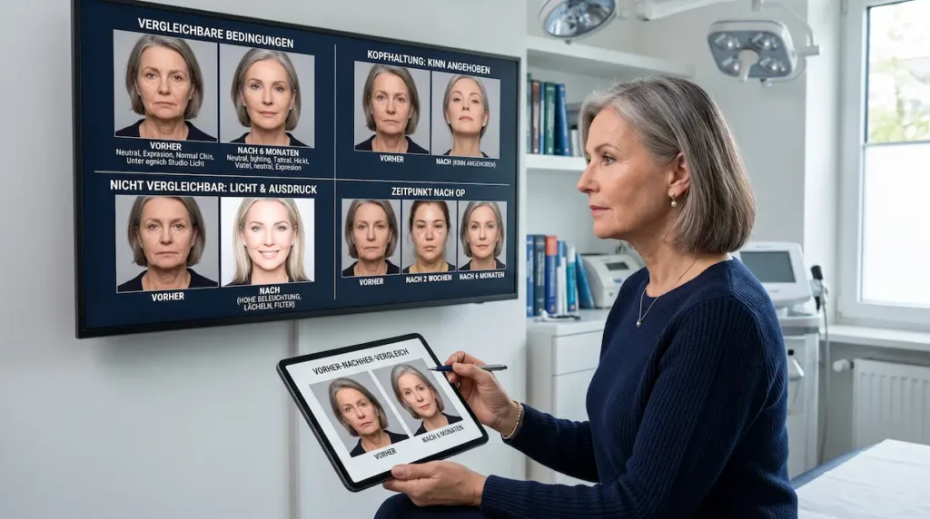 Awake Facelift Vorher Nachher: Eine Patientin prüft Vergleichsfotos zu Licht, Kopfhaltung und Heilungszeitpunkt.