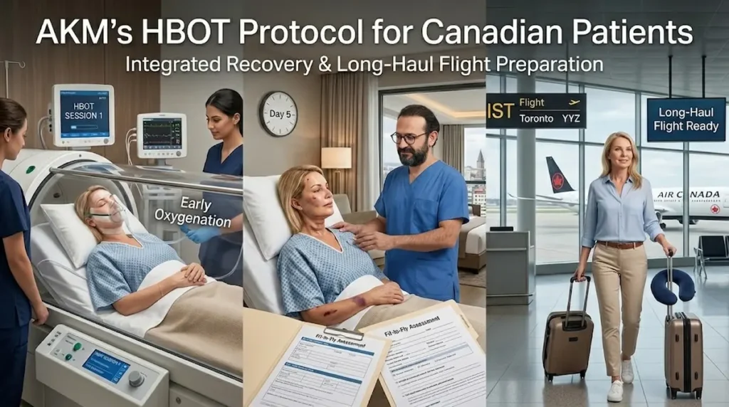 Speed up facelift recovery HBOT protocol showing oxygen therapy, fit to fly assessment, and long-haul return travel to Canada.