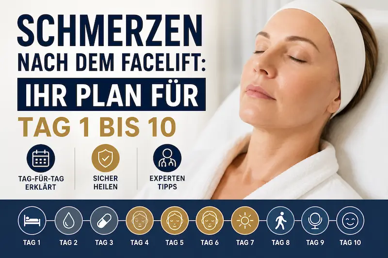 Schmerzen nach Facelift: Patientin während der Erholung mit Übersicht zum Heilungsverlauf von Tag 1 bis Tag 10