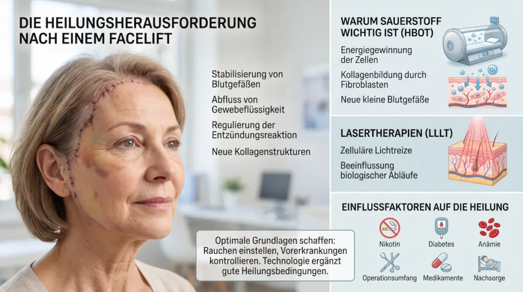 Facelift Heilung beschleunigen HBOT – Infografik zu Schwellung, Sauerstoff, LLLT und wichtigen Heilungsfaktoren.