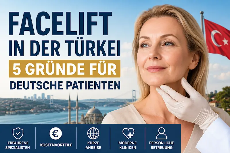 Coverbild zum Thema „deutsche patienten facelift türkei“: Frau bei ärztlicher Beurteilung der Kinnlinie vor Istanbuler Kulisse.