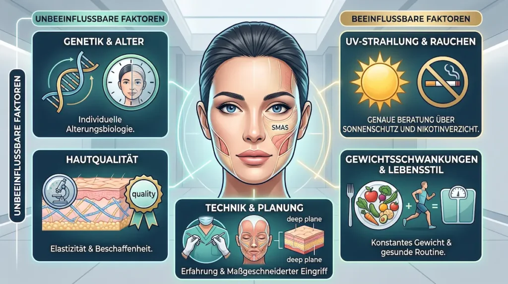 Deep Plane Facelift Haltbarkeit: Infografik zu Genetik, Hautqualität, UV-Strahlung, Rauchen, Gewicht und OP-Planung.