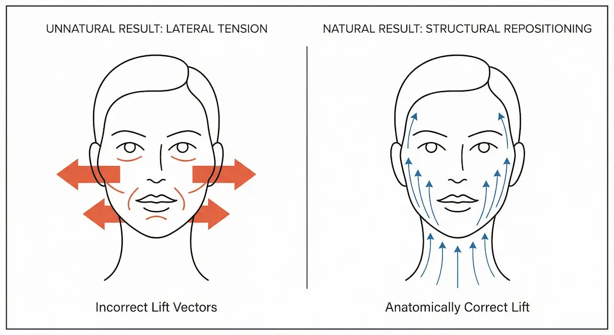 Diagram showing incorrect lateral pull vectors versus anatomically correct upward vectors for a natural facelift.