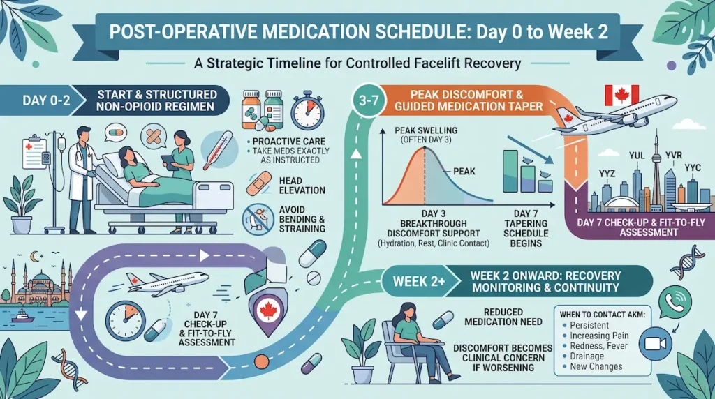 Infographic showing a facelift pain management medication schedule from day 0 to week 2 for Canadian recovery planning.
