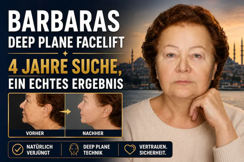 Barbara Deep Plane Facelift Erfahrung – Cover mit älterer Frau, Vorher-Nachher-Profilen und Istanbul im Hintergrund.
