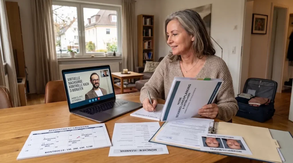 Patientin bei virtueller Nachsorge zu Facelift Türkei Erfahrungen mit Kontrollterminen, Behandlungsunterlagen und Rückkehrplanung in Deutschland.