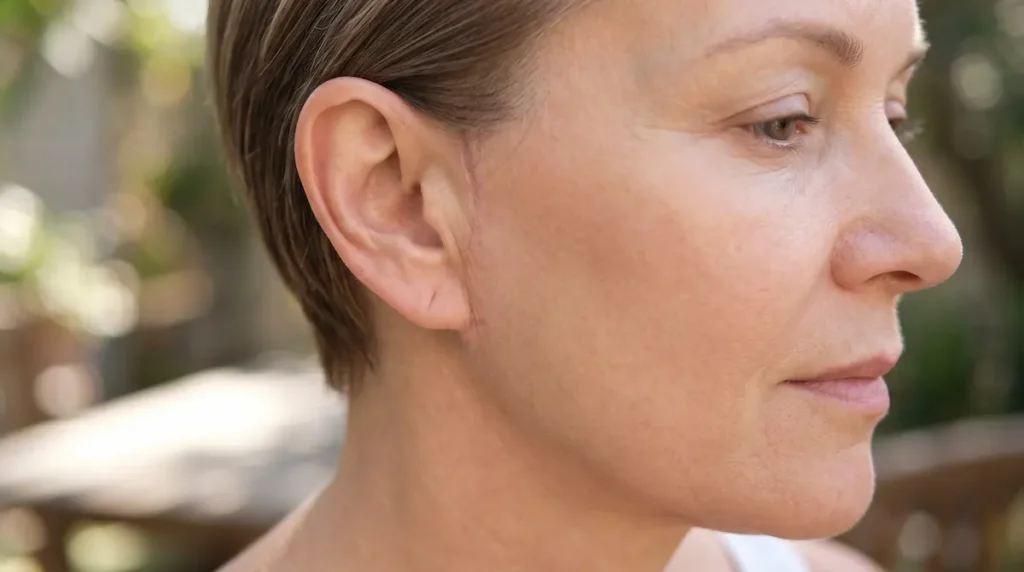 Deep plane facelift natürliche ergebnisse: Seitliches Porträt einer Frau mit ruhiger Mimik und harmonischen Gesichtskonturen.