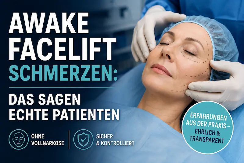Awake Facelift Schmerzen: Symbolische Darstellung einer Patientin bei einem Facelift ohne Vollnarkose mit ärztlicher Kontrolle.