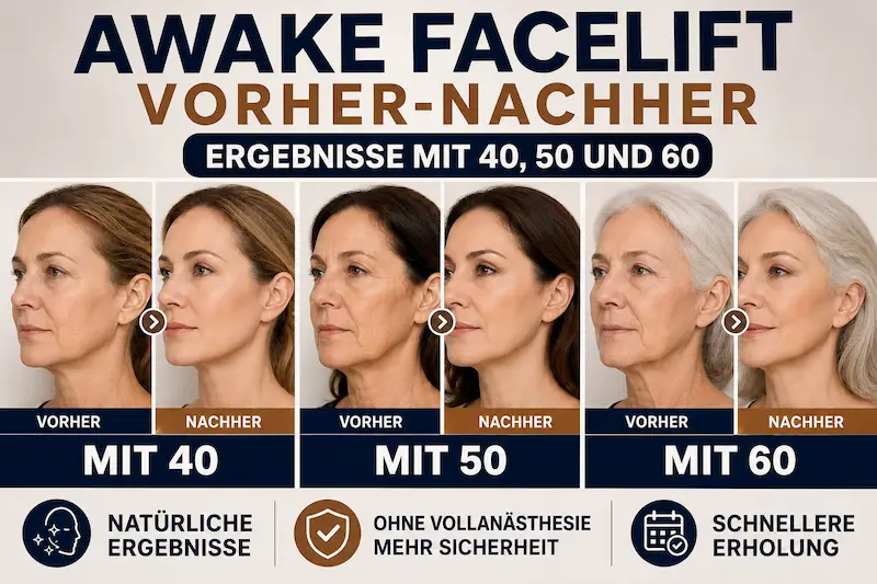 Awake Facelift Vorher Nachher: symbolische Darstellung natürlicher Ergebnisse bei Frauen mit 40, 50 und 60 Jahren.