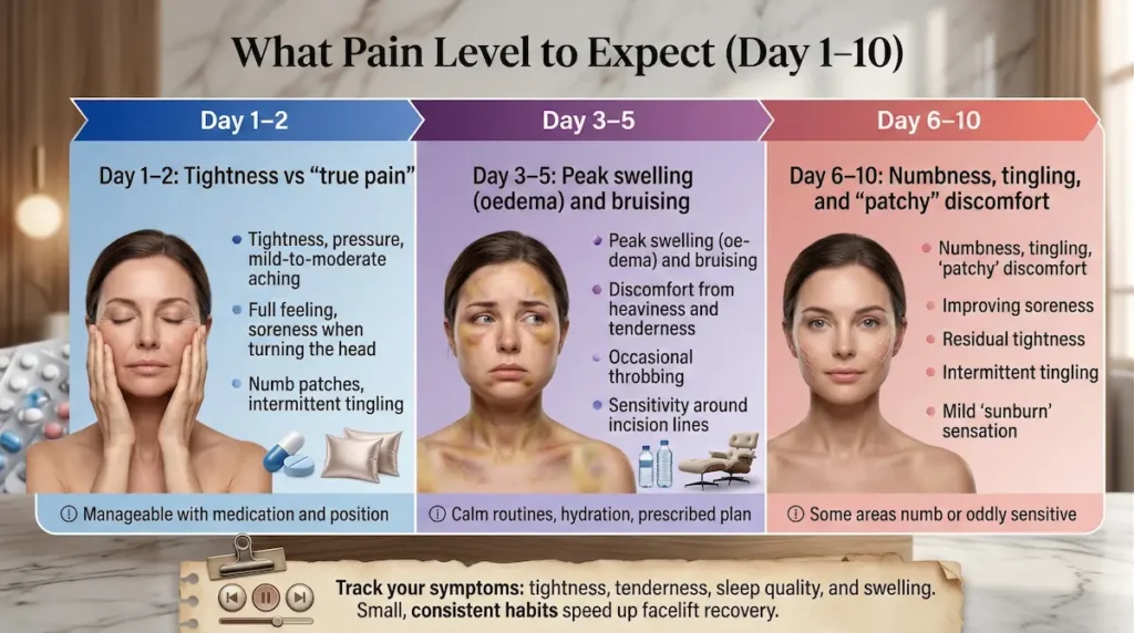 Pain management after facelift infographic showing what pain level to expect day 1–10, including tightness, swelling (oedema), bruising, and numbness.